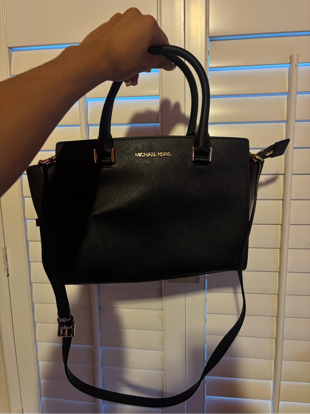 MICHAEL KORS Black Leather Satchel with Gold Hardware